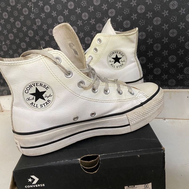 All Star Converse Branco Plataforma Couro